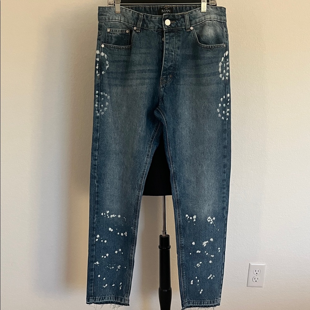 Boohoo Man Blue Denim Paint-Splatter Jeans